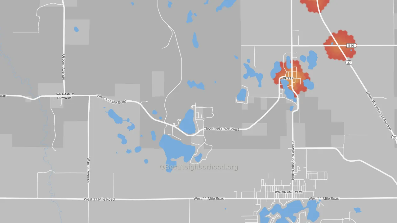 Walk Grade map of Woodland Park, MI, walkable areas in green and car-dependent areas in red