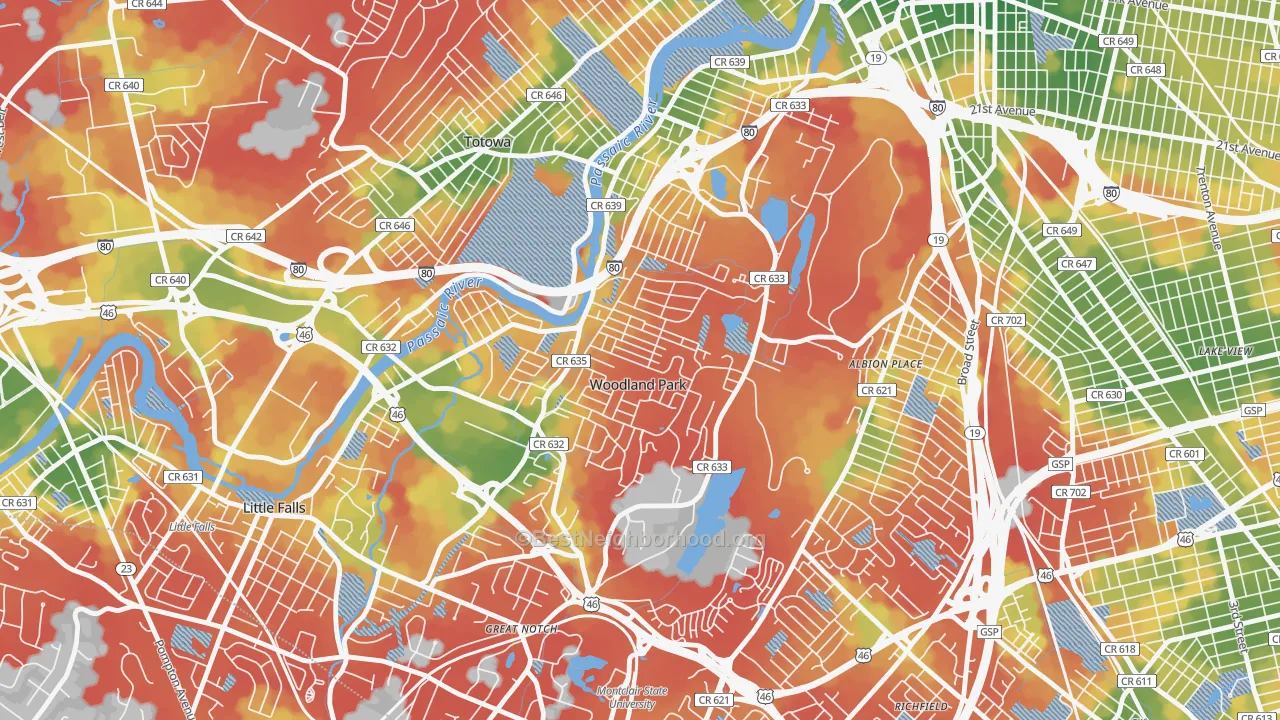 Walk Grade map of Woodland Park, NJ, walkable areas in green and car-dependent areas in red