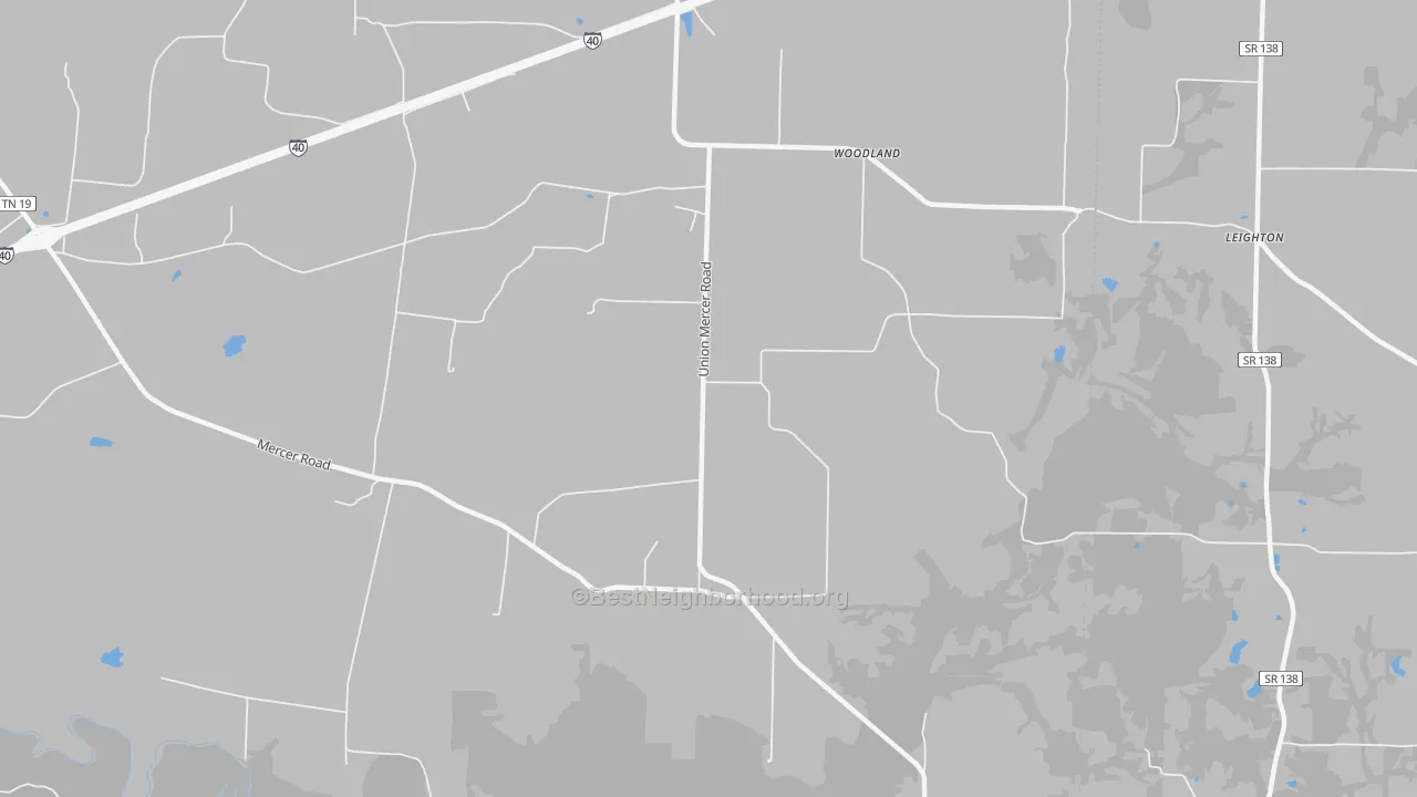 Walk Grade map of Woodland, TN, walkable areas in green and car-dependent areas in red