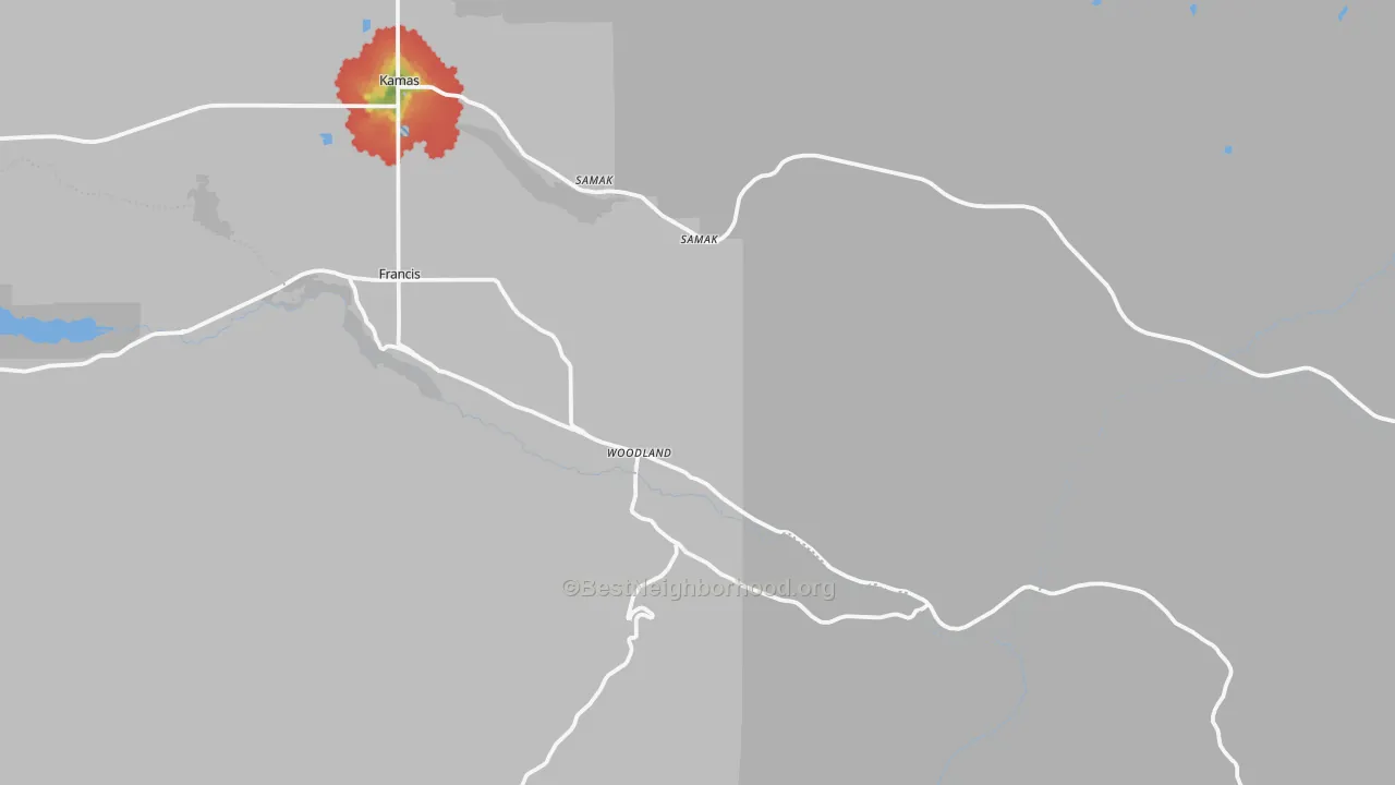 Walk Grade map of Woodland, UT, walkable areas in green and car-dependent areas in red