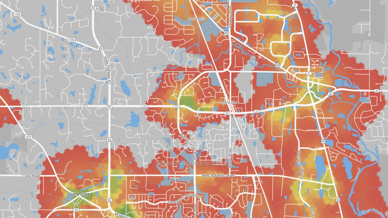 Walk Grade map of Woodlands at Fiore, Buffalo Grove, IL, walkable areas in green and car-dependent areas in red