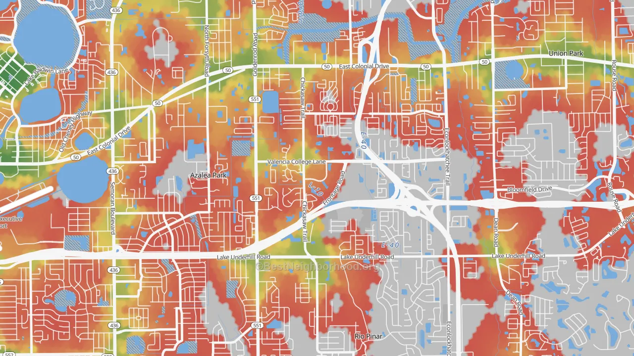 Walk Grade map of Woodlands-Orlando, Orlando, FL, walkable areas in green and car-dependent areas in red