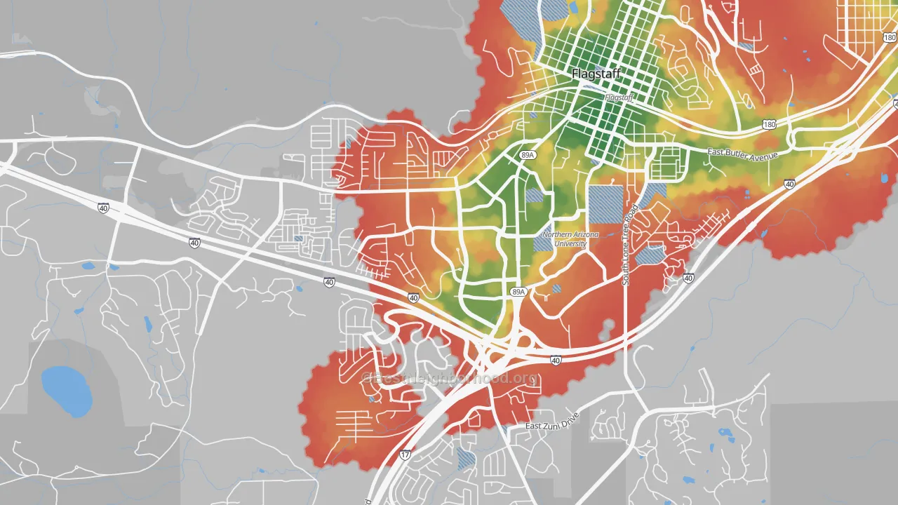 Walk Grade map of Woodlands Village, Flagstaff, AZ, walkable areas in green and car-dependent areas in red