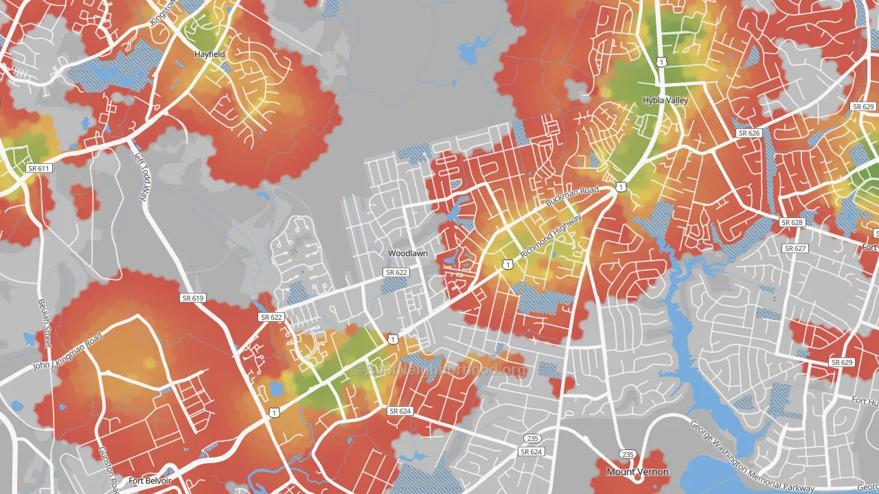 Walk Grade map of Woodlawn, Alexandria, VA, walkable areas in green and car-dependent areas in red