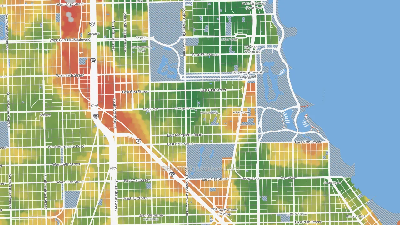 Walk Grade map of Woodlawn, Chicago, IL, walkable areas in green and car-dependent areas in red