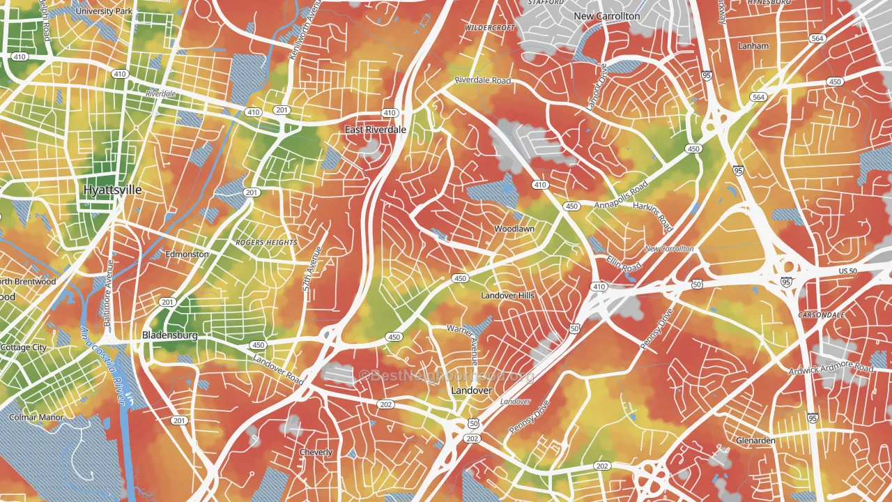 Walk Grade map of Woodlawn Hayattsville, Hyattsville, MD, walkable areas in green and car-dependent areas in red