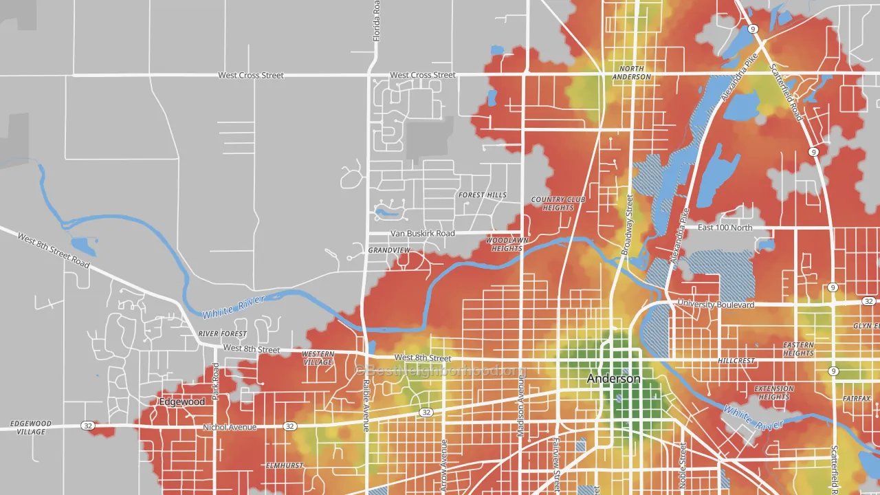 Walk Grade map of Woodlawn Heights, IN, walkable areas in green and car-dependent areas in red