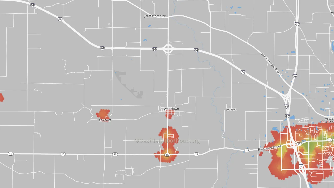 Walk Grade map of Woodlawn, IL, walkable areas in green and car-dependent areas in red