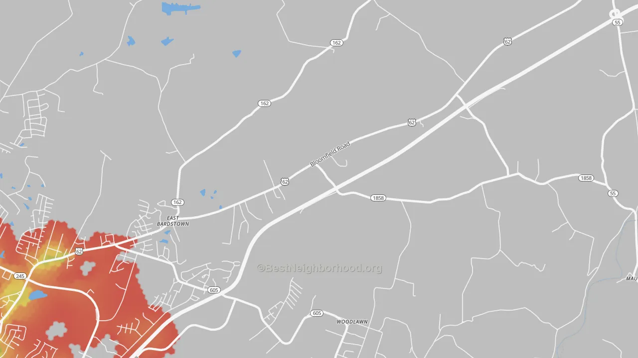 Walk Grade map of Woodlawn, KY, walkable areas in green and car-dependent areas in red