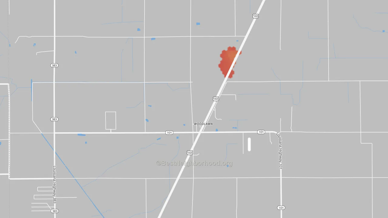 Walk Grade map of Woodlawn, LA, walkable areas in green and car-dependent areas in red