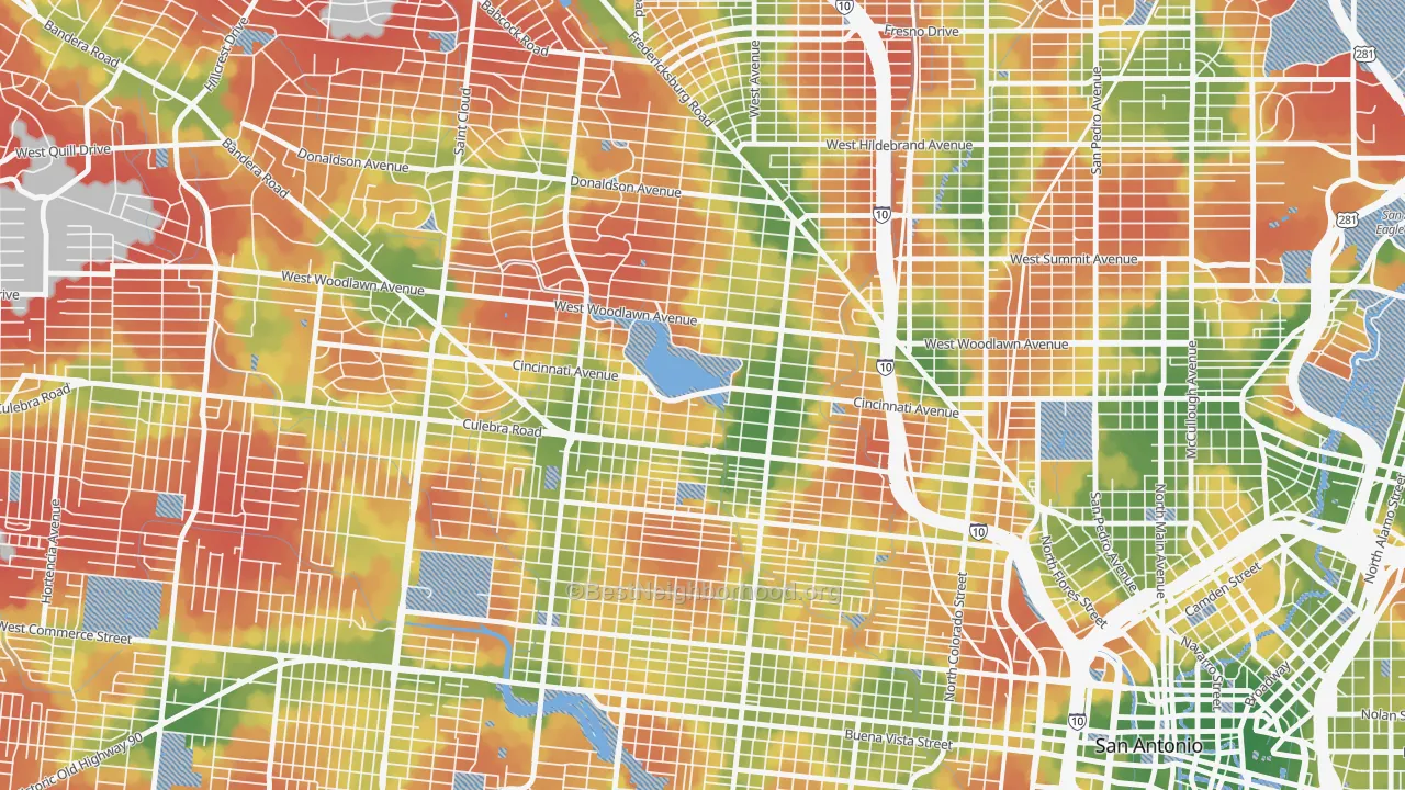 Walk Grade map of Woodlawn Lake, San Antonio, TX, walkable areas in green and car-dependent areas in red
