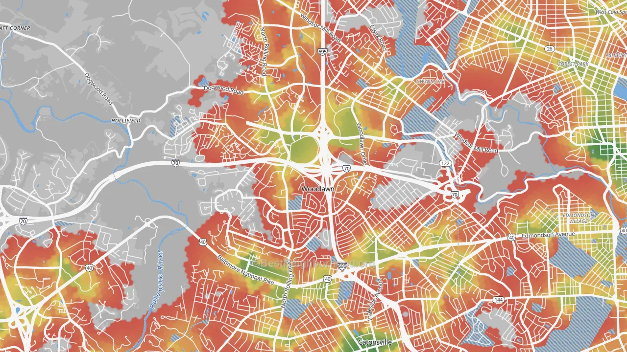 Walk Grade map of Woodlawn, MD, walkable areas in green and car-dependent areas in red