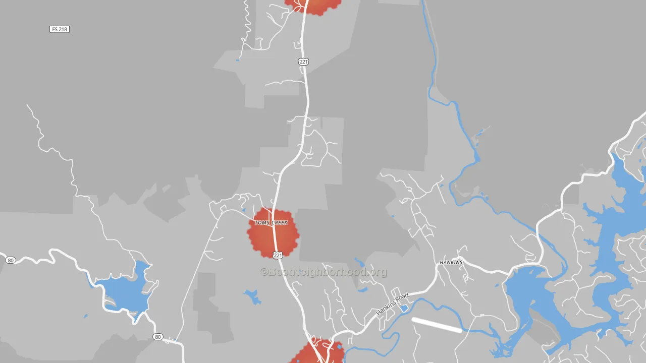 Walk Grade map of Woodlawn, NC, walkable areas in green and car-dependent areas in red