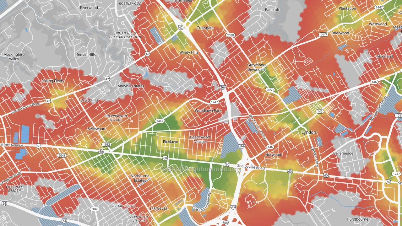 Walk Grade map of Woodlawn Park, KY, walkable areas in green and car-dependent areas in red