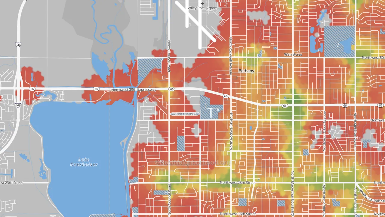 Walk Grade map of Woodlawn Park, OK, walkable areas in green and car-dependent areas in red