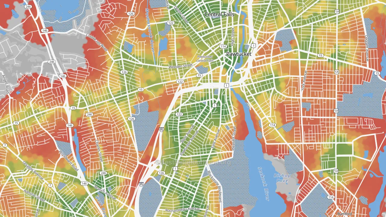 Walk Grade map of Woodlawn, Pawtucket, RI, walkable areas in green and car-dependent areas in red