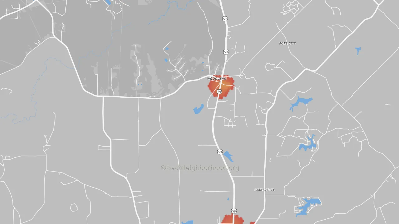 Walk Grade map of Woodlawn, TX, walkable areas in green and car-dependent areas in red