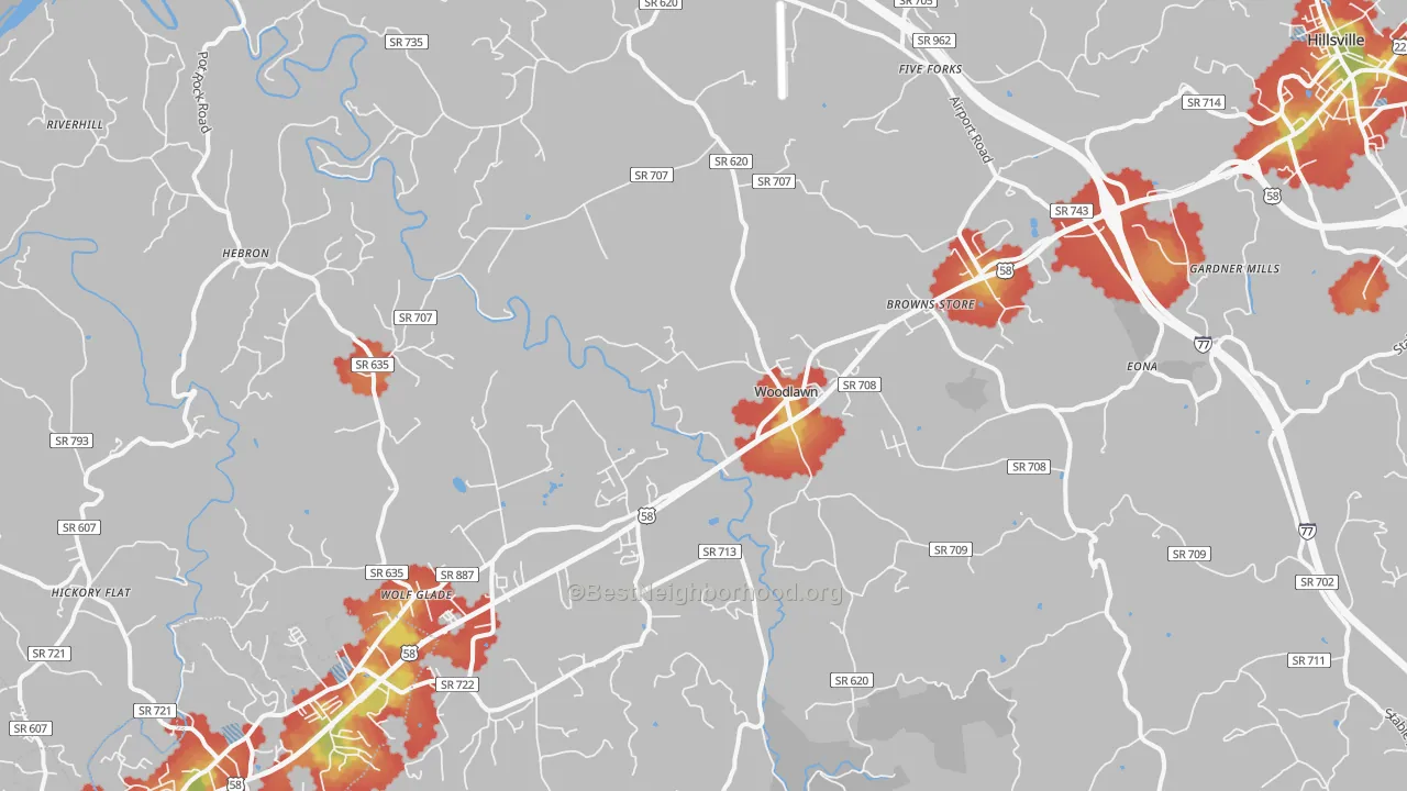 Walk Grade map of Woodlawn, VA, walkable areas in green and car-dependent areas in red