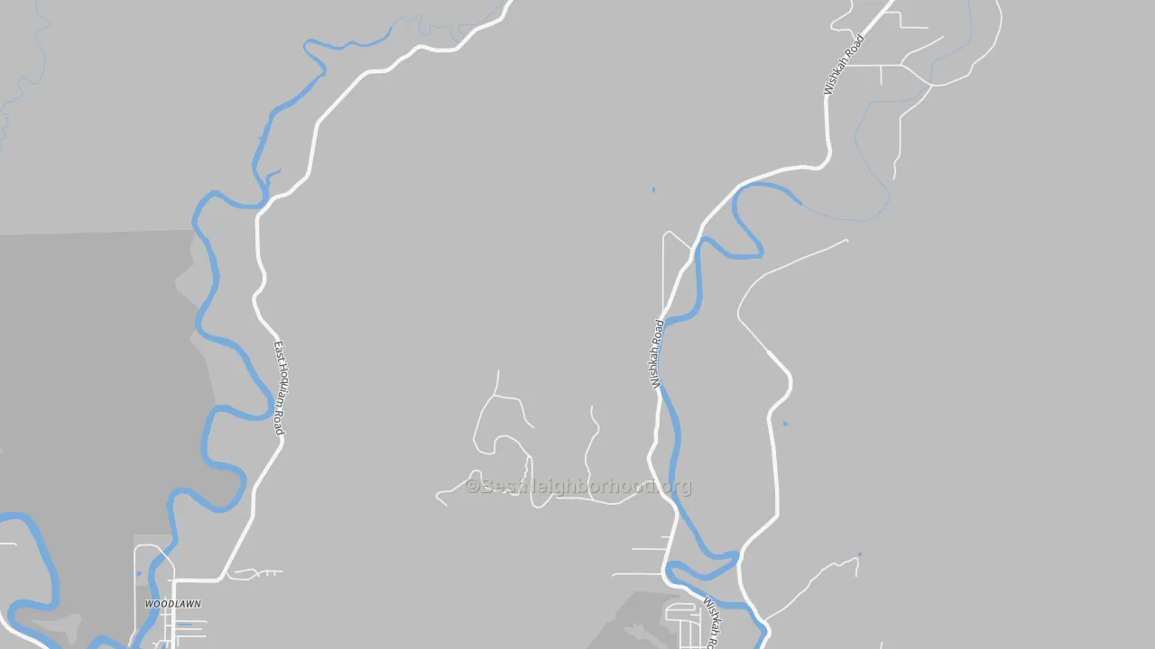 Walk Grade map of Woodlawn, WA, walkable areas in green and car-dependent areas in red
