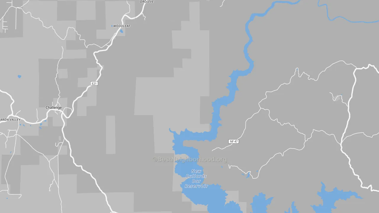 Walk Grade map of Woodleaf, CA, walkable areas in green and car-dependent areas in red