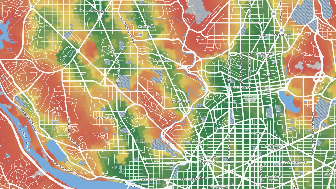 Walk Grade map of Woodley Park, Washington, DC, walkable areas in green and car-dependent areas in red