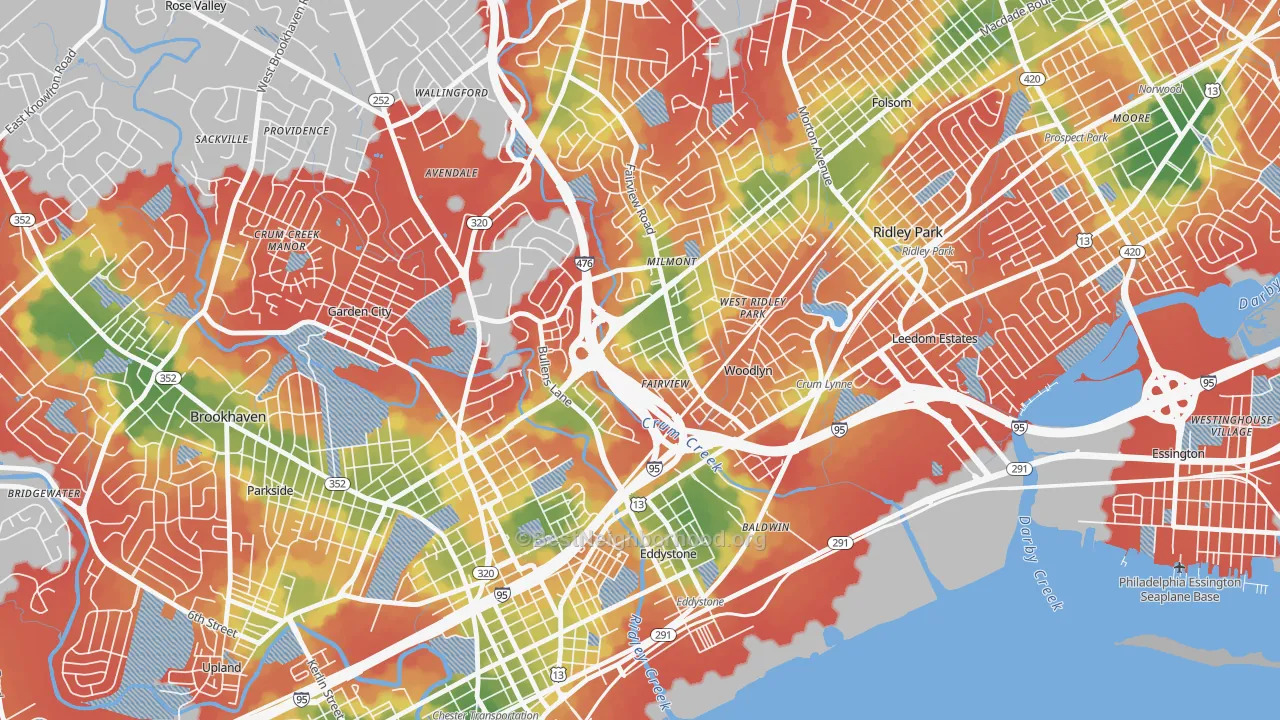 Walk Grade map of Woodlyn, PA, walkable areas in green and car-dependent areas in red