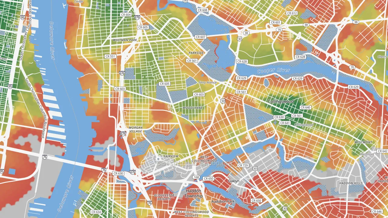 Walk Grade map of Woodlynne, NJ, walkable areas in green and car-dependent areas in red