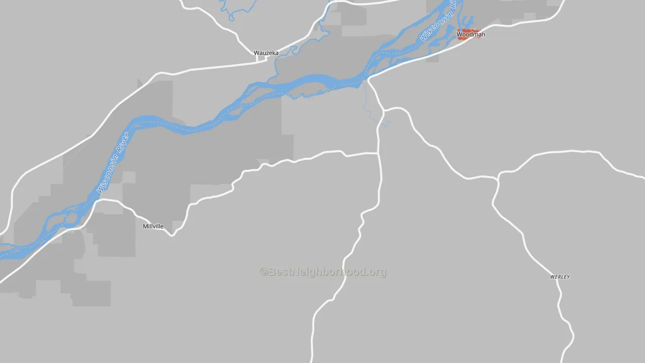 Walk Grade map of Woodman, WI, walkable areas in green and car-dependent areas in red