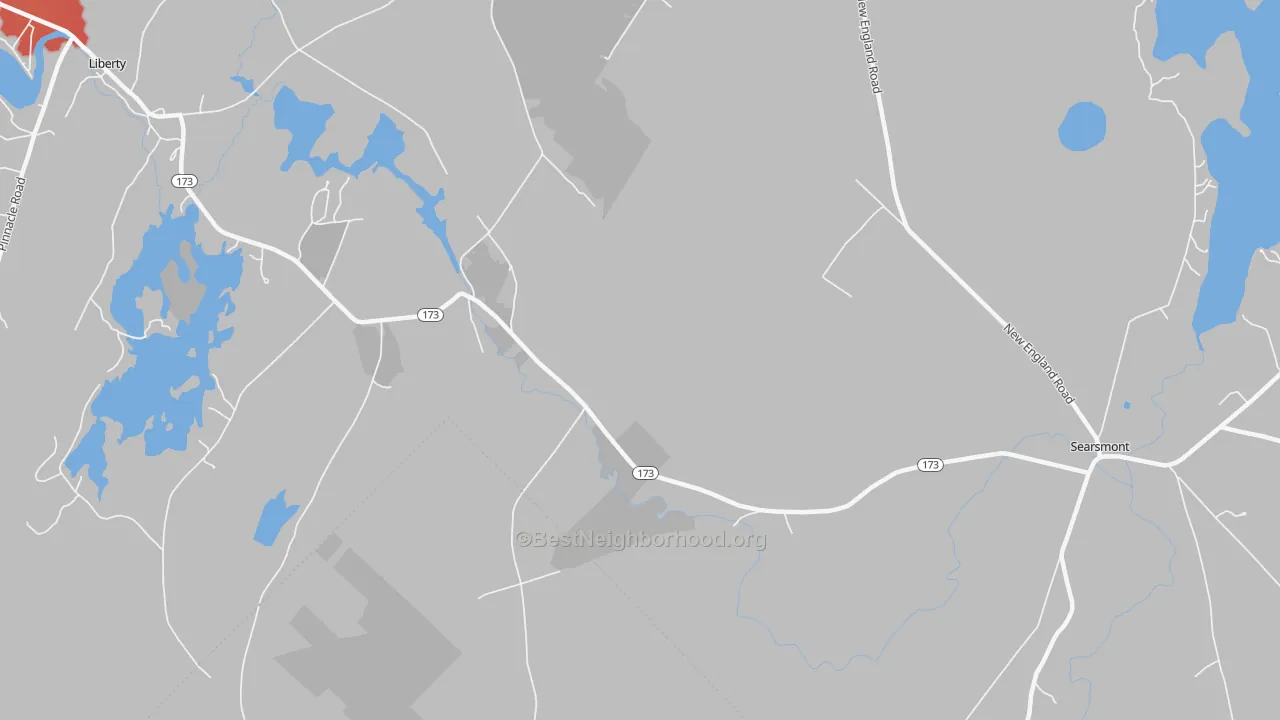 Walk Grade map of Woodmans Mills, ME, walkable areas in green and car-dependent areas in red
