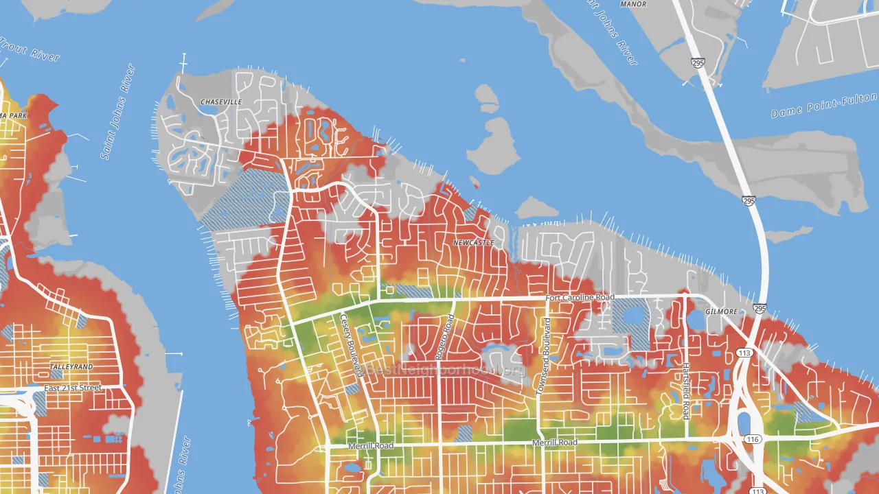 Walk Grade map of Woodmere, Jacksonville, FL, walkable areas in green and car-dependent areas in red