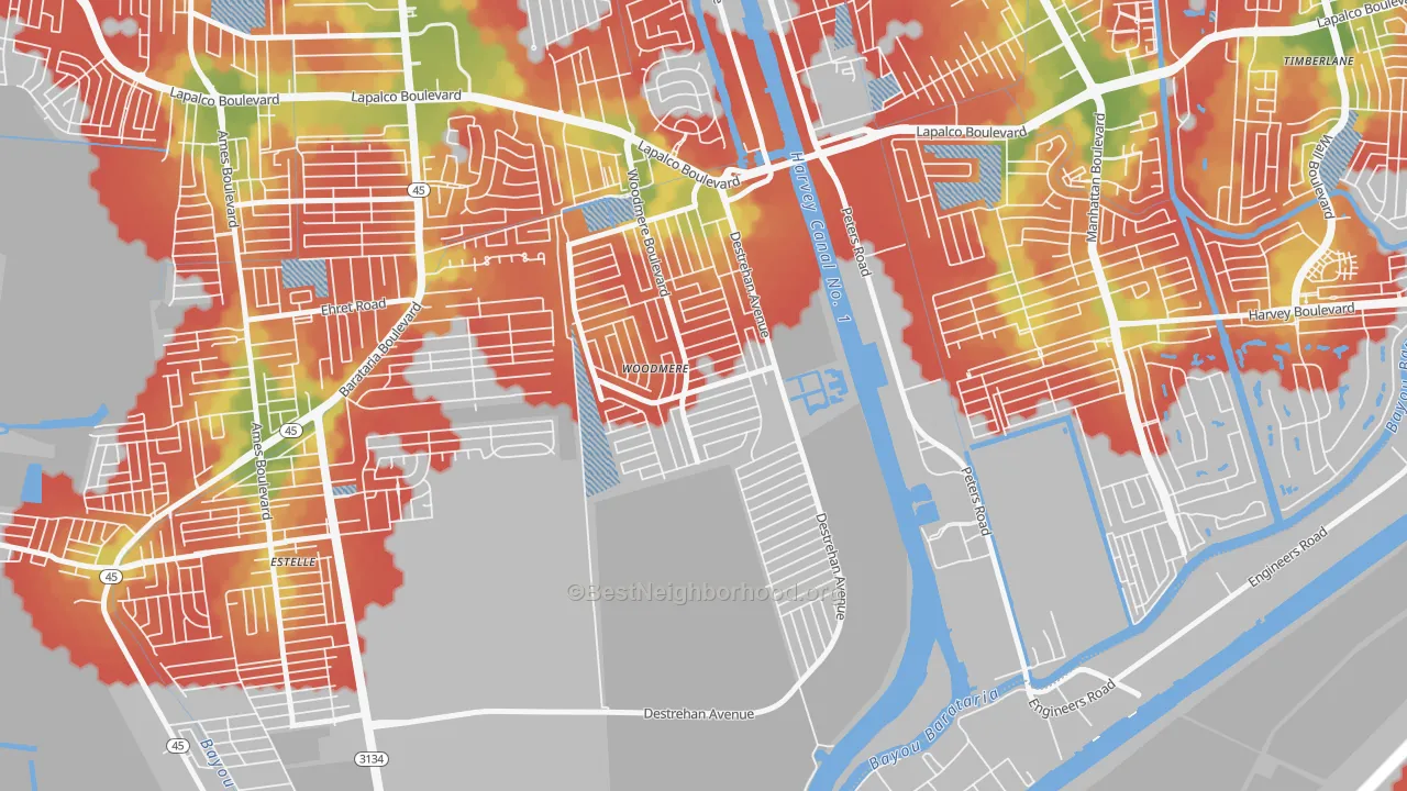 Walk Grade map of Woodmere, LA, walkable areas in green and car-dependent areas in red