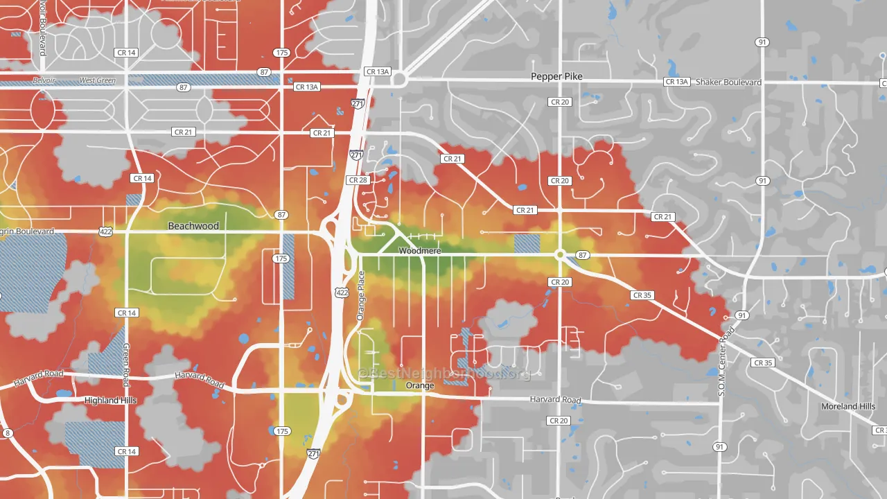 Walk Grade map of Woodmere, OH, walkable areas in green and car-dependent areas in red