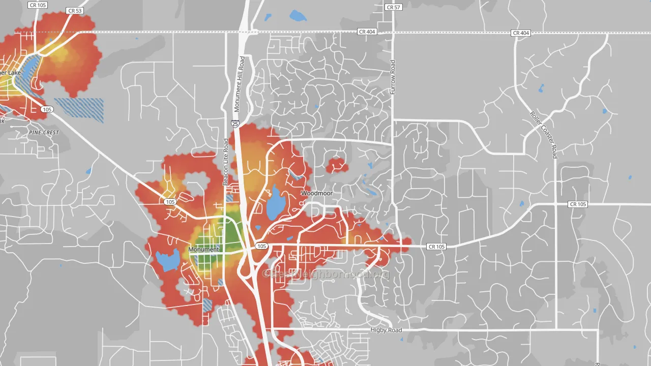 Walk Grade map of Woodmoor, CO, walkable areas in green and car-dependent areas in red