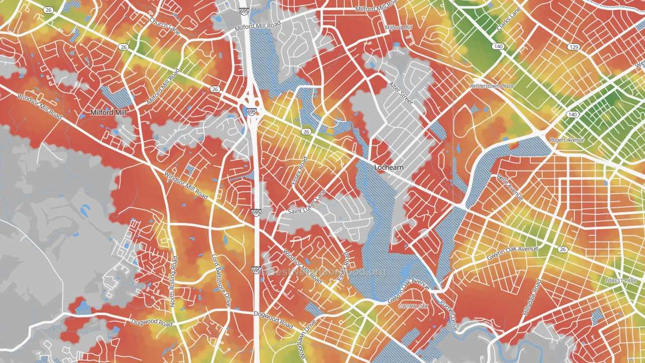 Walk Grade map of Woodmoor, Lochearn, MD, walkable areas in green and car-dependent areas in red