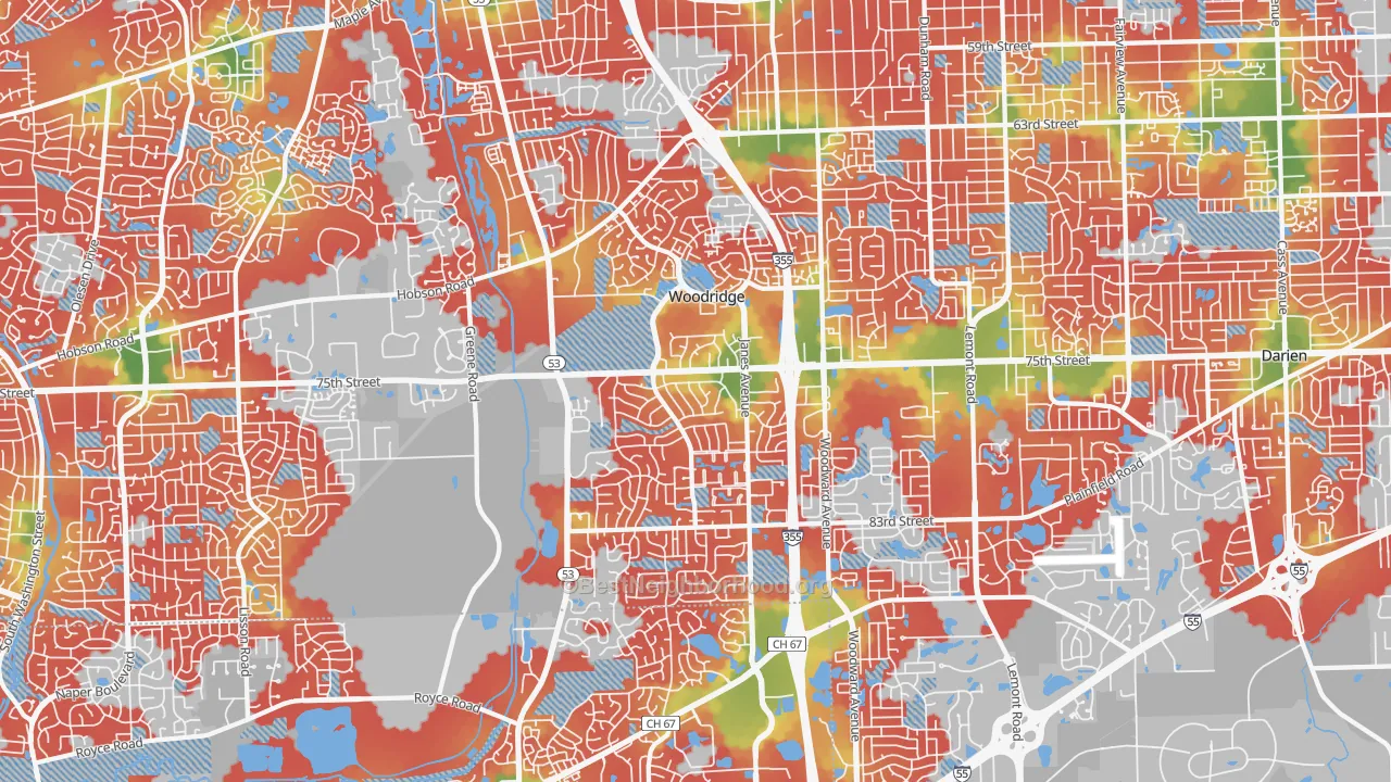 Walk Grade map of Woodridge, IL, walkable areas in green and car-dependent areas in red
