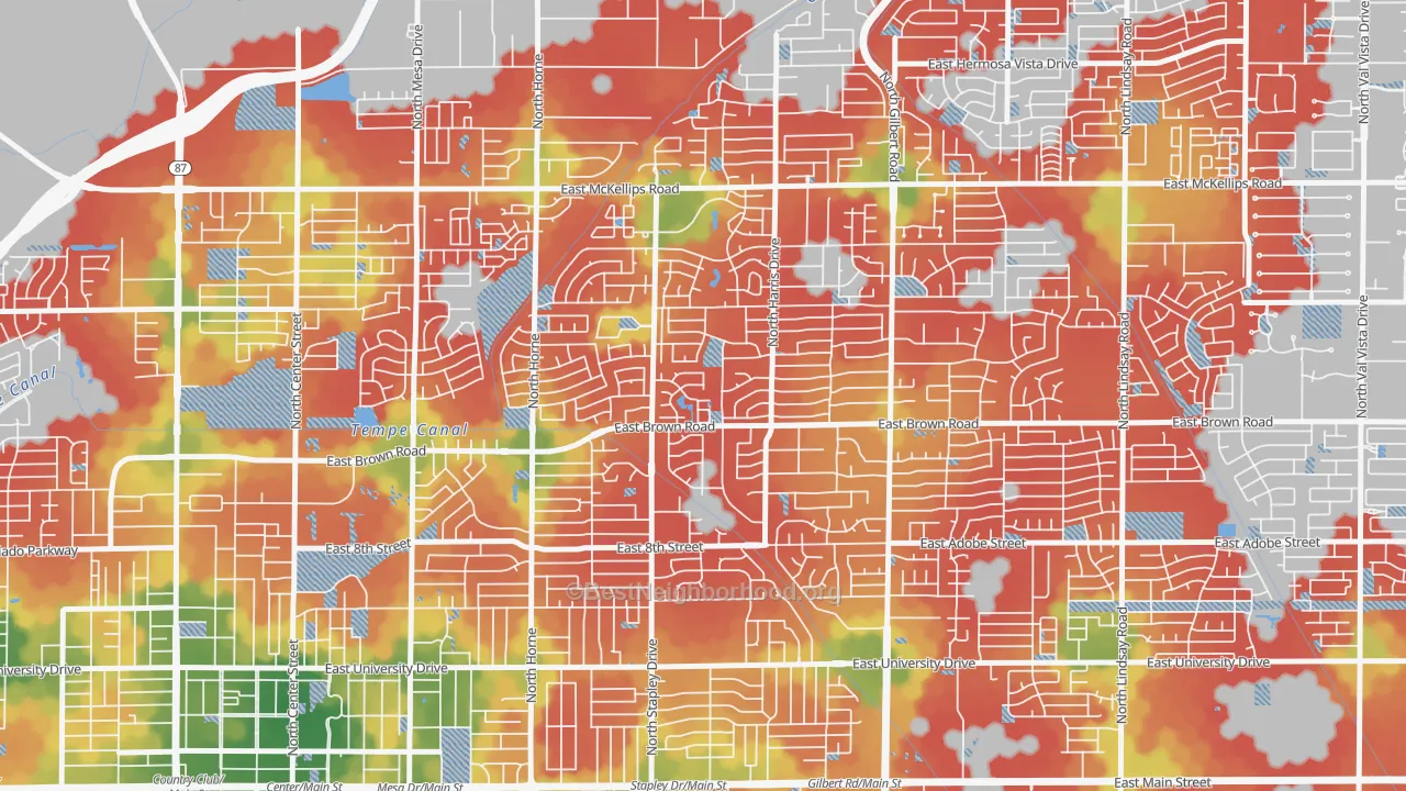 Walk Grade map of Woodridge Lakes, Mesa, AZ, walkable areas in green and car-dependent areas in red