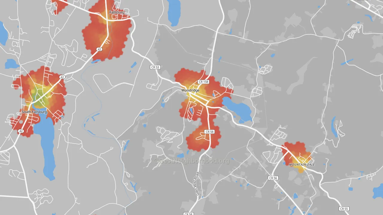Walk Grade map of Woodridge, NY, walkable areas in green and car-dependent areas in red