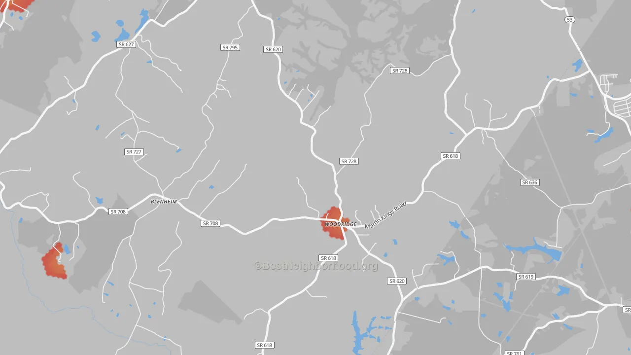 Walk Grade map of Woodridge, VA, walkable areas in green and car-dependent areas in red
