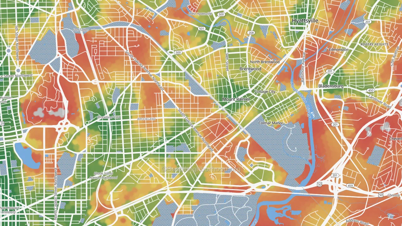 Walk Grade map of Woodridge, Washington, DC, walkable areas in green and car-dependent areas in red