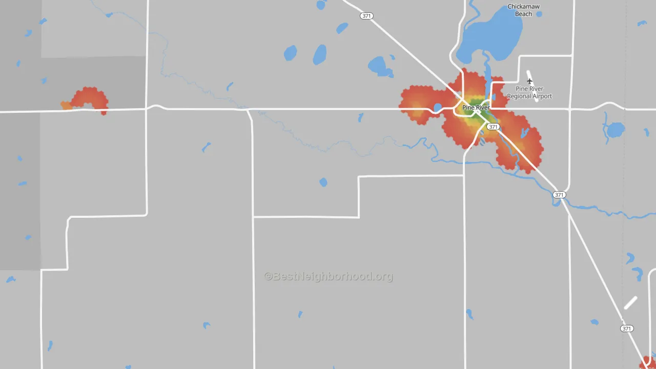 Walk Grade map of Woodrow, MN, walkable areas in green and car-dependent areas in red