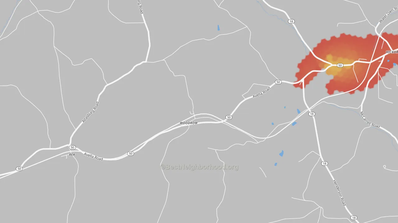 Walk Grade map of Woodrow, PA, walkable areas in green and car-dependent areas in red