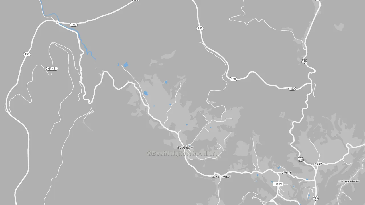 Walk Grade map of Woodrow, WV, walkable areas in green and car-dependent areas in red