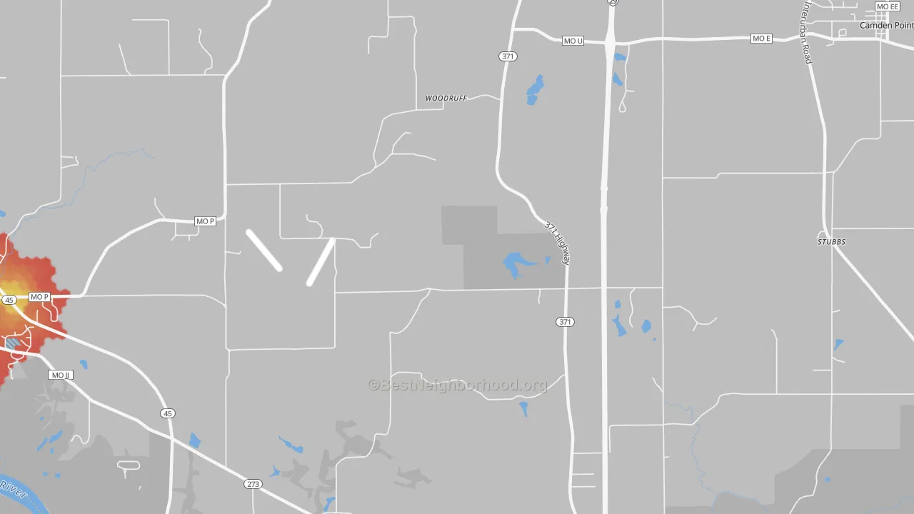 Walk Grade map of Woodruff, MO, walkable areas in green and car-dependent areas in red