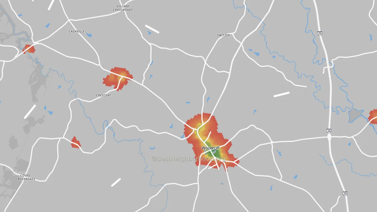 Walk Grade map of Woodruff, SC, walkable areas in green and car-dependent areas in red