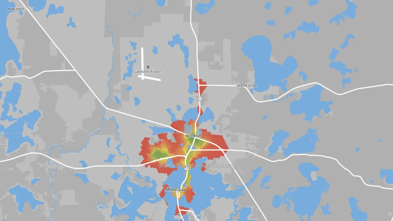 Walk Grade map of Woodruff, WI, walkable areas in green and car-dependent areas in red