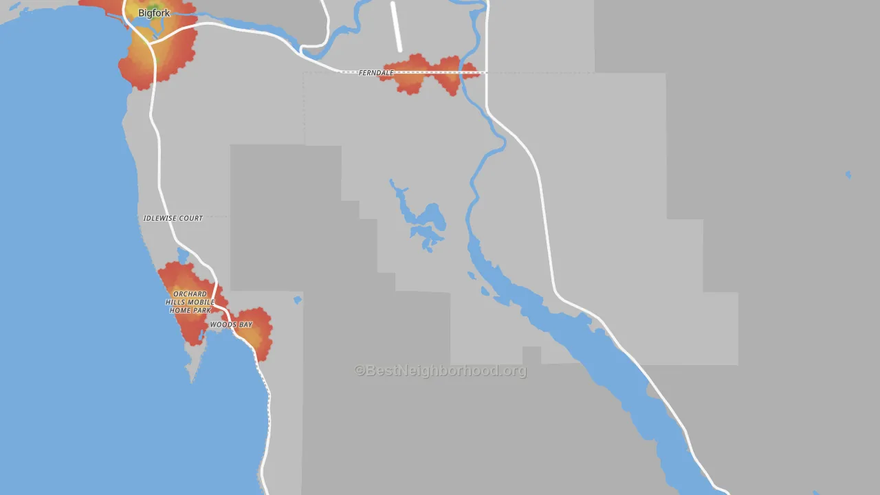 Walk Grade map of Woods Bay, MT, walkable areas in green and car-dependent areas in red
