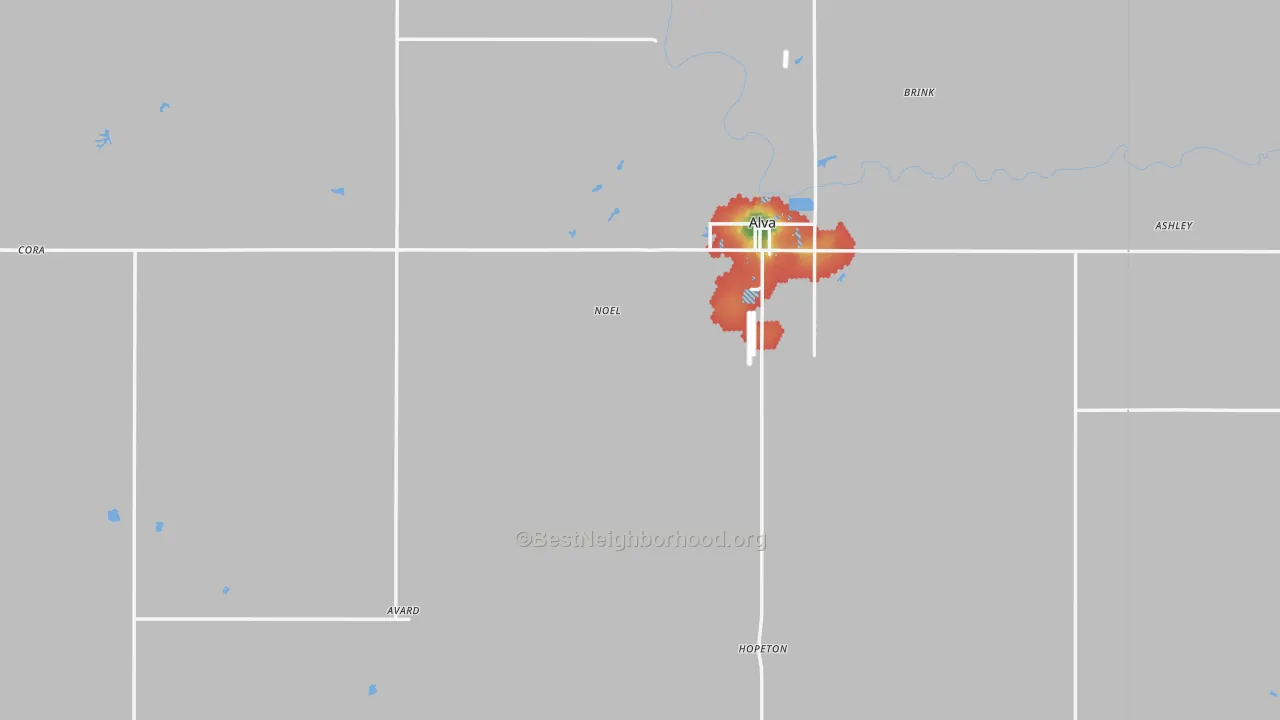 Walk Grade map of Woods County, OK, walkable areas in green and car-dependent areas in red