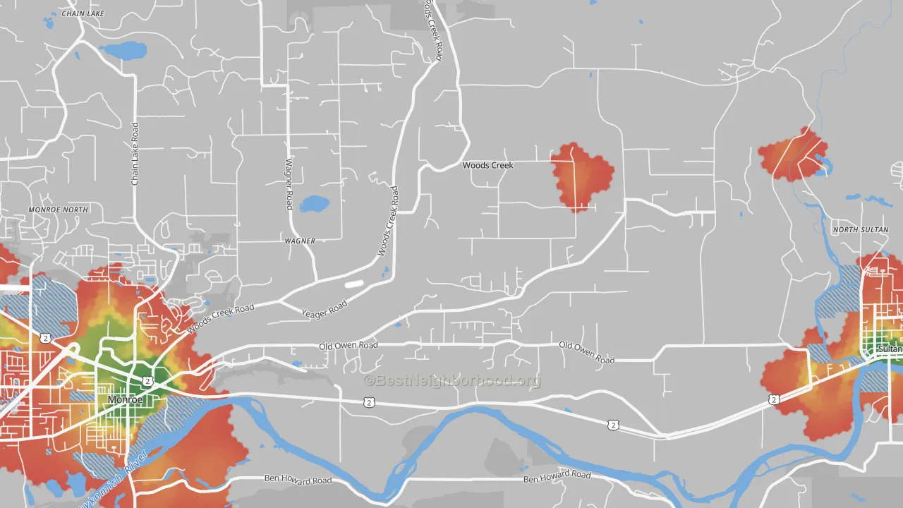 Walk Grade map of Woods Creek, WA, walkable areas in green and car-dependent areas in red