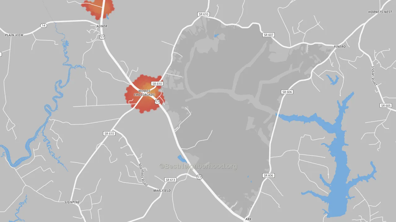 Walk Grade map of Woods Cross Roads, VA, walkable areas in green and car-dependent areas in red