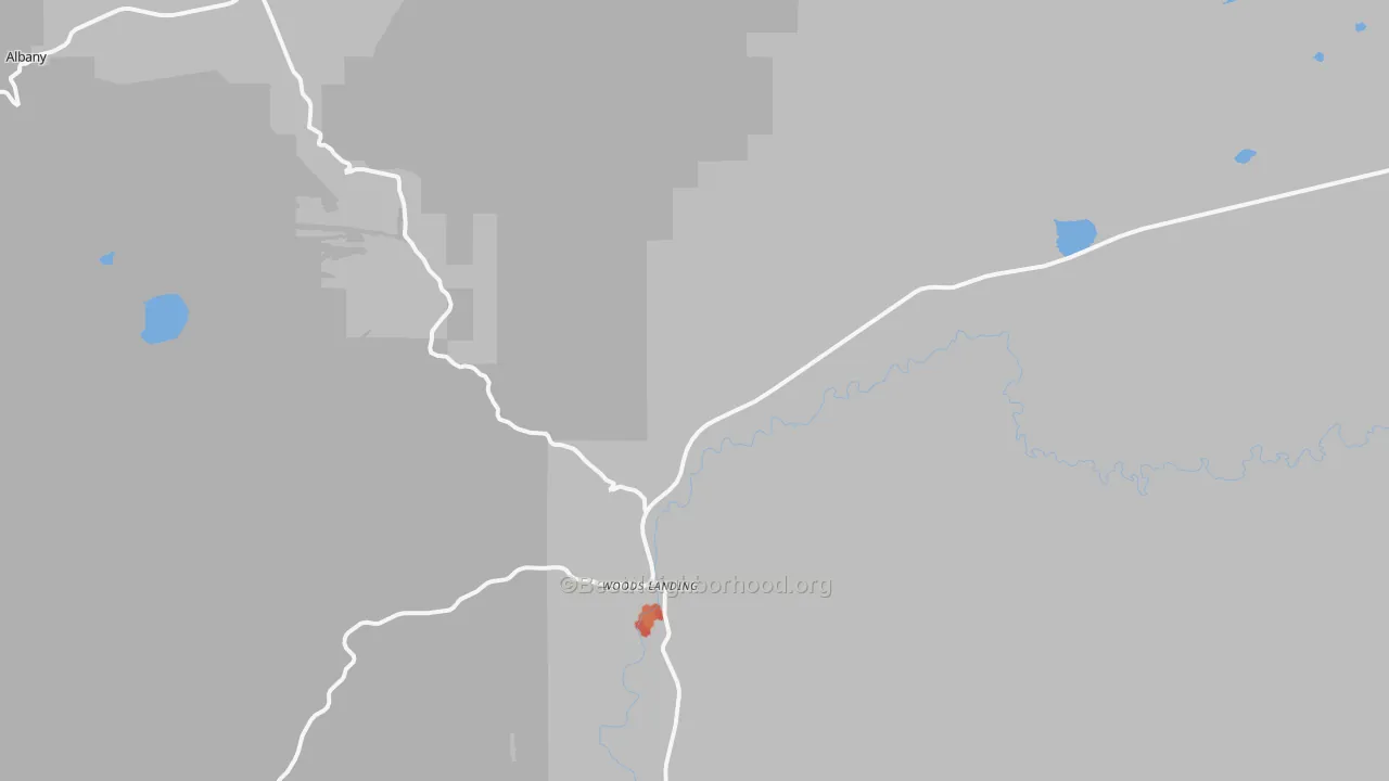 Walk Grade map of Woods Landing, WY, walkable areas in green and car-dependent areas in red